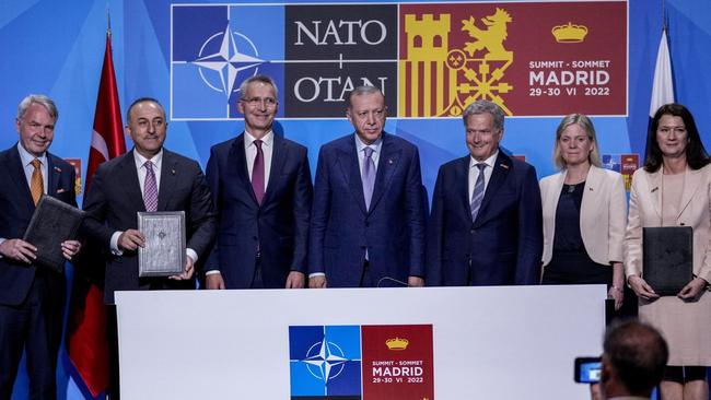 Leaders from Turkey, Finland, Sweden and NATO posed after the signing of a memorandum In Madrid. Picture: Bernat Armangue/AP/WSJ