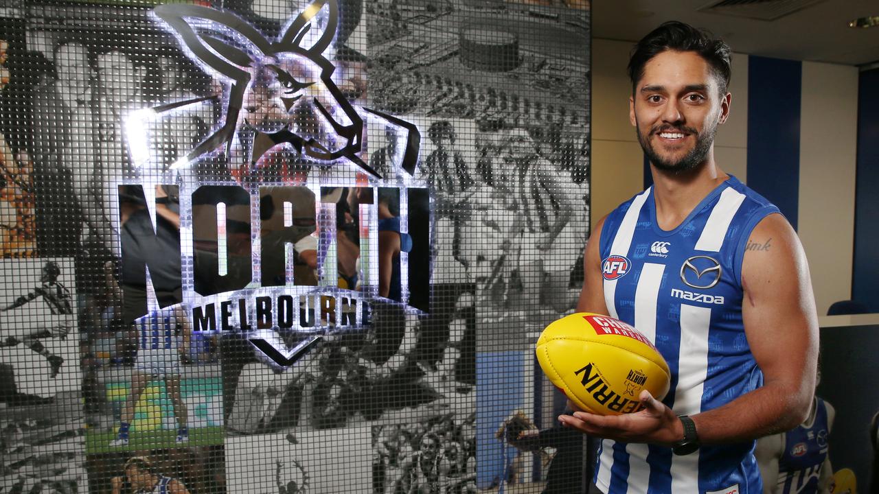 North Melbourne recruit Aaron Hall fronts the media. Picture: Michael Klein