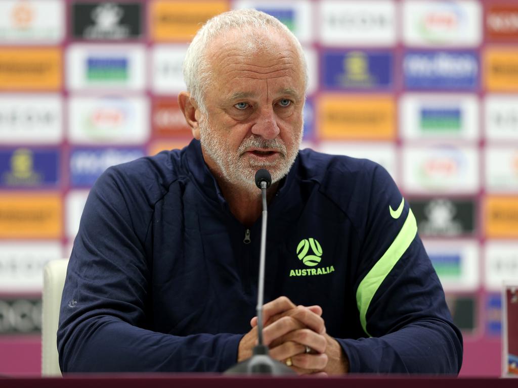 Graham Arnold attends a press conference ahead of the World Cup qualifier in Qatar. Picture: Mohamed Farag/Getty Images
