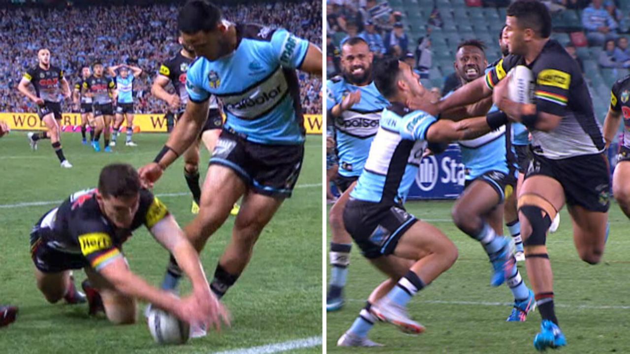 Val Holmes is fooled twice ... by Nathan Cleary, and then Viliame Kikau.