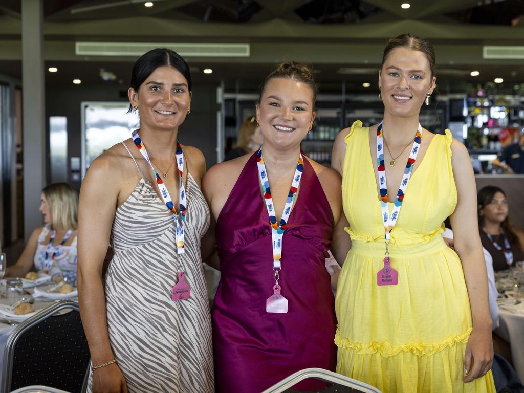 <p>Bridgette Matthews, Caitlin Ballantine and Chloe Sternbeck at the Northern Territory Cattlemen's Association Ladies lunch in Darwin Turf Club. Picture: Pema Tamang Pakhrin</p>