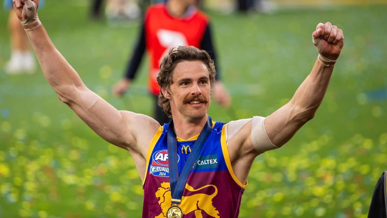 Joe Daniher celebrates Brisbane’s grand final win. Picture: Jason Edwards