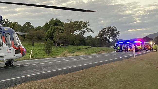 BMA CQ Rescue was tasked to Proserpine after a horror crash on the Bruce Highway at Myrtlevale. The AW139 landed on the highway and has transported man in his 60s for further treatment at Mackay Base Hospital. Picture: BMA CQ Rescue