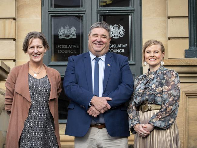 At the declaration of the polls at the Legislative Council steps, Hobart Greens Cassy O’Connor, Prosser Liberal Kerry Vincent and Elwick Independent Bec Thomas, in May this year. Picture: Chris Kidd