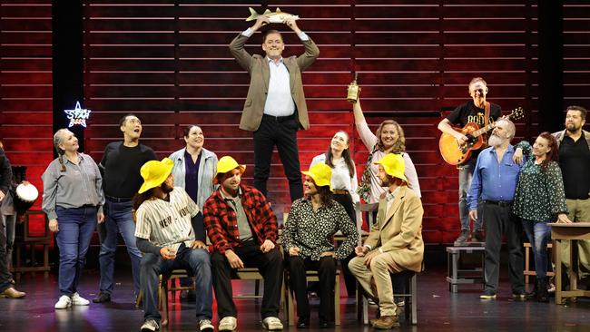 The Cairns Choral Society will perform the musical Come From Away at the Cairns Performing Arts Centre from January 10 to 18. Cairns Choral Society's Dale Schultz (top) sings the opening number with fellow cast members Seth Diedricks, John Margettes, Michelle Jackson and Alan Maclean in the musical Come From Away. Picture: Brendan Radke