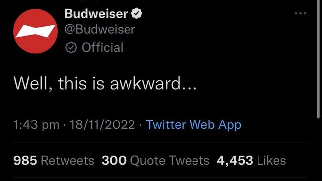 Budweiser's tweet after the announcement, which was then deleted. Picture: Twitter