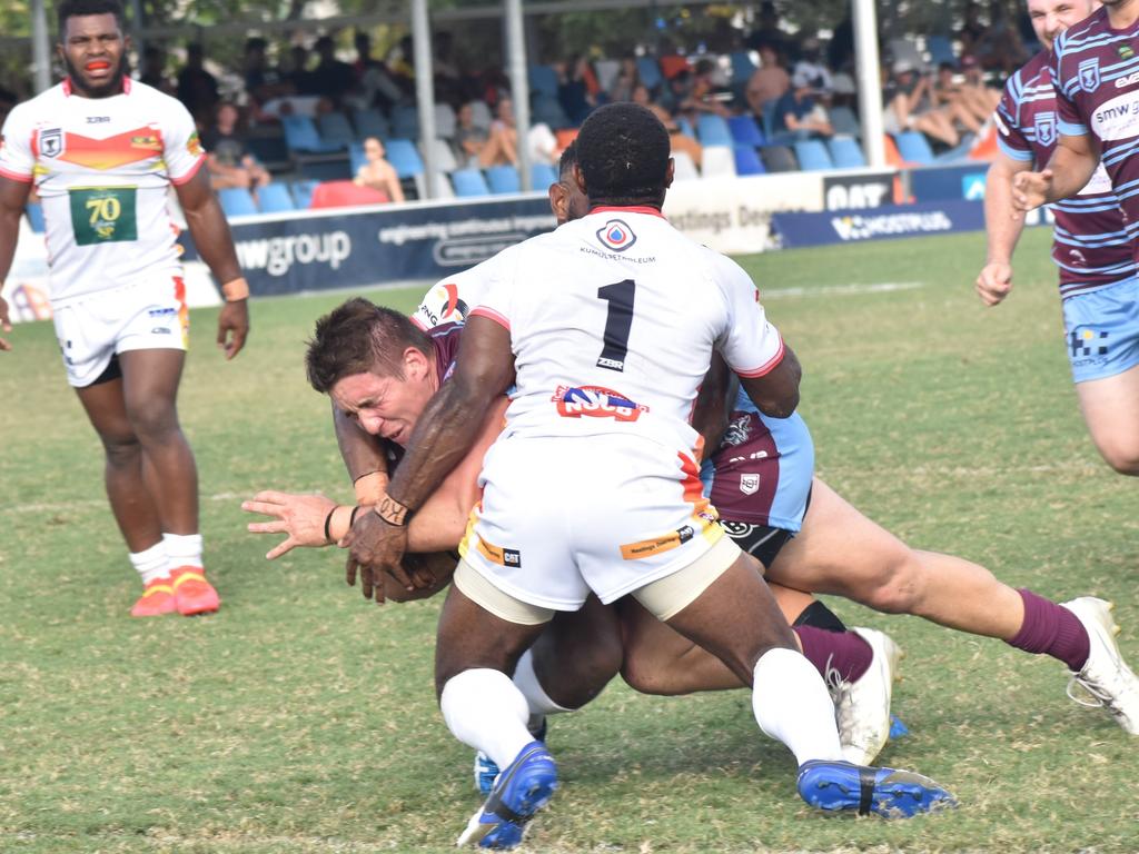 Prop Tyler Szepanowski pushes through the defence to score a try for the CQ Capras.