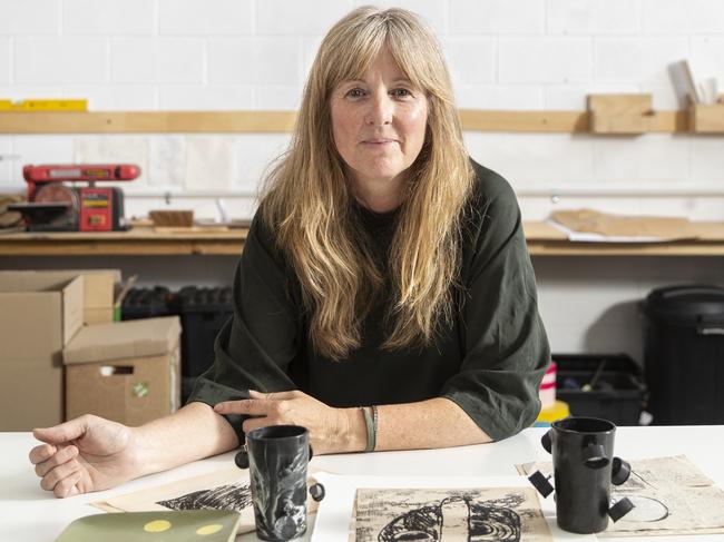 South Australian sculptor and contemporary artist Michelle Nikou, pictured in her studio, has been awarded the 2024 Guildhouse Fellowship. Picture: Saul Steed, AGSA