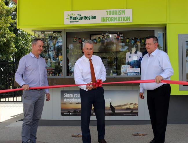 Mackay Tourism chief executive officer Tas Webber, Mackay Regional Council Mayor Greg Williamson and Mackay Airport general manager Garry Porter cut the ribbon at the new Mackay Visitor Information Kiosk at Bluewater Lagoon on Tuesday August 25.
