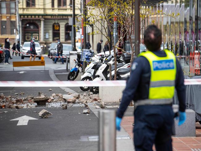 Debris is seen in Wattle Street, Prahran, between Coles and Woolworths after an earthquake that measured 5.9 on the Richter scale. Picture: Mark Stewart