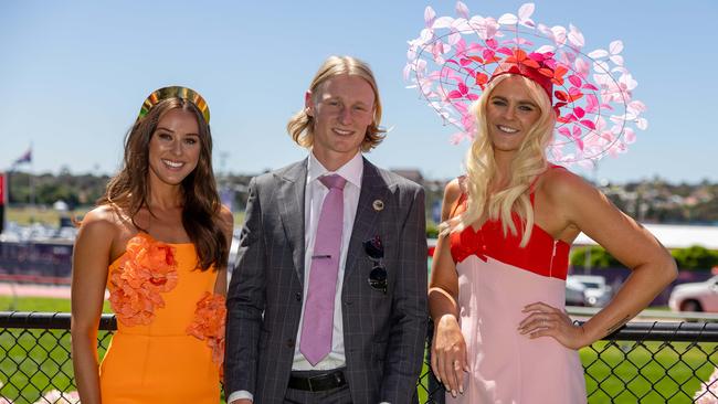 Emily Riordan, Ollie Dempsey and Shayna Jack.Cox plate at Moonee Valley Races celebrities, crowds and racing. Picture: Jason Edwards