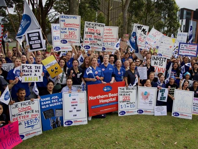 About 300 nurses and midwives at Northern Beaches Hospital attended a stop work rally on Tuesday, November 5, 2024.  They walked off the job for three hours as part of an industrial campaign for improved pay and conditions.