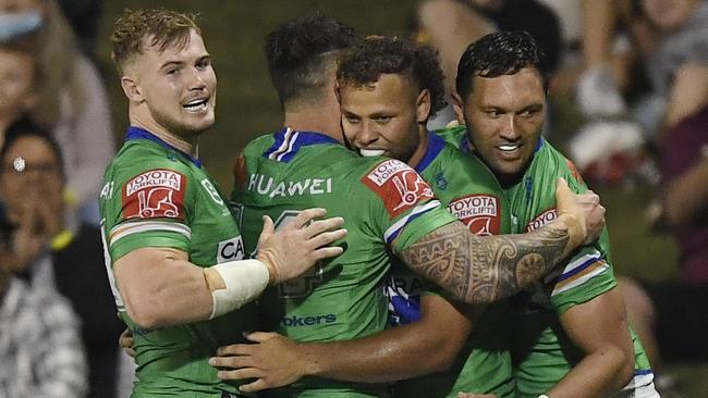 MACKAY, AUSTRALIA - AUGUST 27:  Sebastian Kris of the Raiders  celebrates after scoring a try  during the round 24 NRL match between the New Zealand Warriors and the Canberra Raiders at BB Print Stadium, on August 27, 2021, in Mackay, Australia. (Photo by Ian Hitchcock/Getty Images)