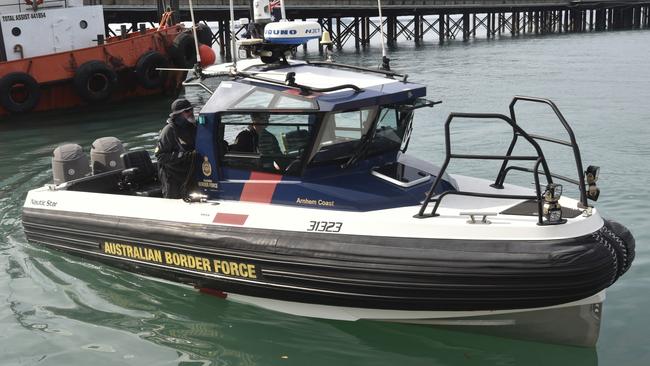 Christopher Penrose and Liam Samuels prepare to conduct a routine patrol of Darwin Harbour. Picture: Harry Brill.