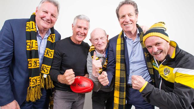 Richmond's 1980 premiership heroes Michael Roach, Geoff Raines, Kevin Bartlett, Captain Bruce Monteath and Dale Weightman getting behind the Tigers. Picture: Mark Stewart