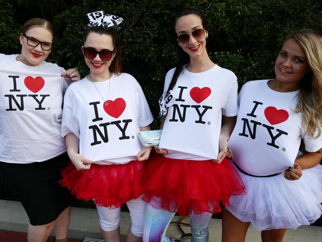 Taylor Swift fans Natalie Briggs, 26, Brisbane; Natalie Gray, 24, Brisbane; Samantha Brittain, 24, Brisbane, Tayla Powell, 19, Brisbane, at Suncorp Stadium ahead of the show. Pic: Liam Kidston