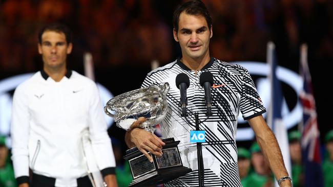 “I hope to see you next year”, Roger Federer sent the crowd into panic as he hinted at his retirement following his Aus Open final win over Rafael Nadal. Picture: Getty Images