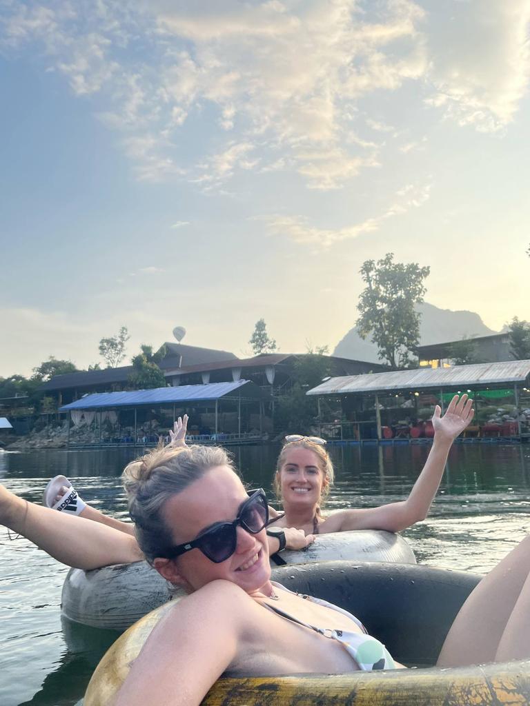 Bethany and Simone while enjoying the popular tube adventure in Vang Vieng, Laos.