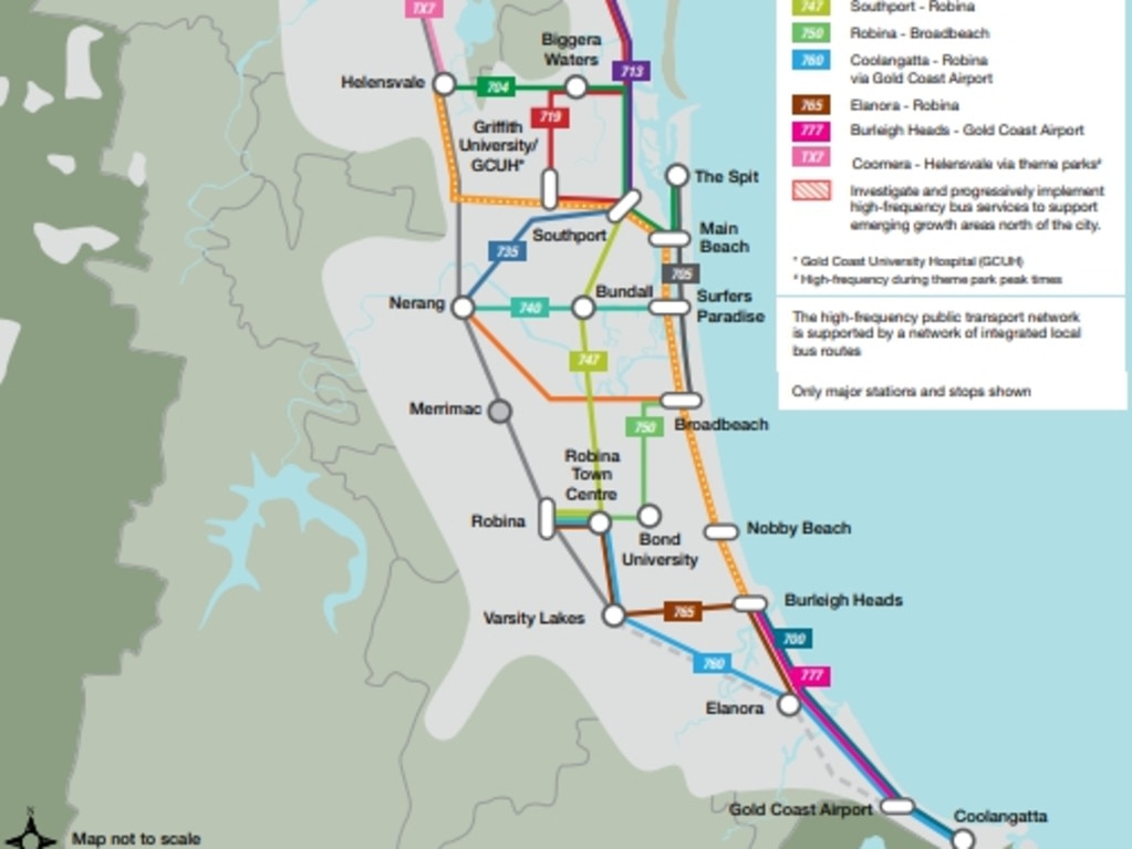 A Gold Coast City Council map for future public transport 2018-28. It shows light rail to the border.