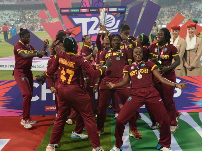 West Indies cricketers celebrate after winning the women's World T20 in 2016. Pic: AFP