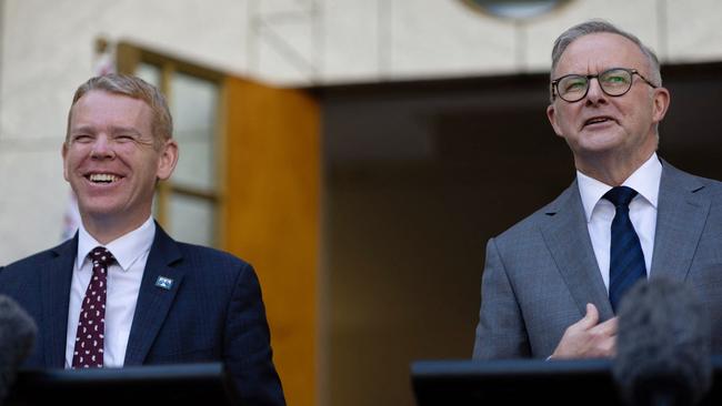 New Zealand Prime Minister Chris Hipkins, left, and Anthony Albanese in Canberra on Tuesday. Picture: AFP