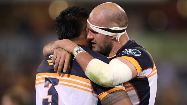 Mission accomplished: Allan Alaalatoa and Lachlan McCaffrey saviour the Brumbies’ Super Rugby AU Grand Final success.