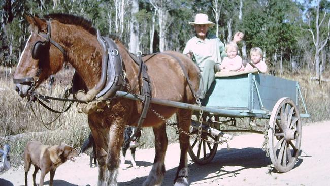 The Sullivan family farm in Tweed Heads South circa 1967. Great-uncle Bill Sullivan, Sarah-Jayne Sullivan and Billy Sullivanm with horse Ikey. Picture: Supplied