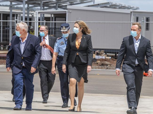 Premier Annastacia Palaszczuk (centre) at the Wellcamp hub with owner John Wagner (far left) and State Development Minister Steven Miles (far right). Picture: Nev Madsen