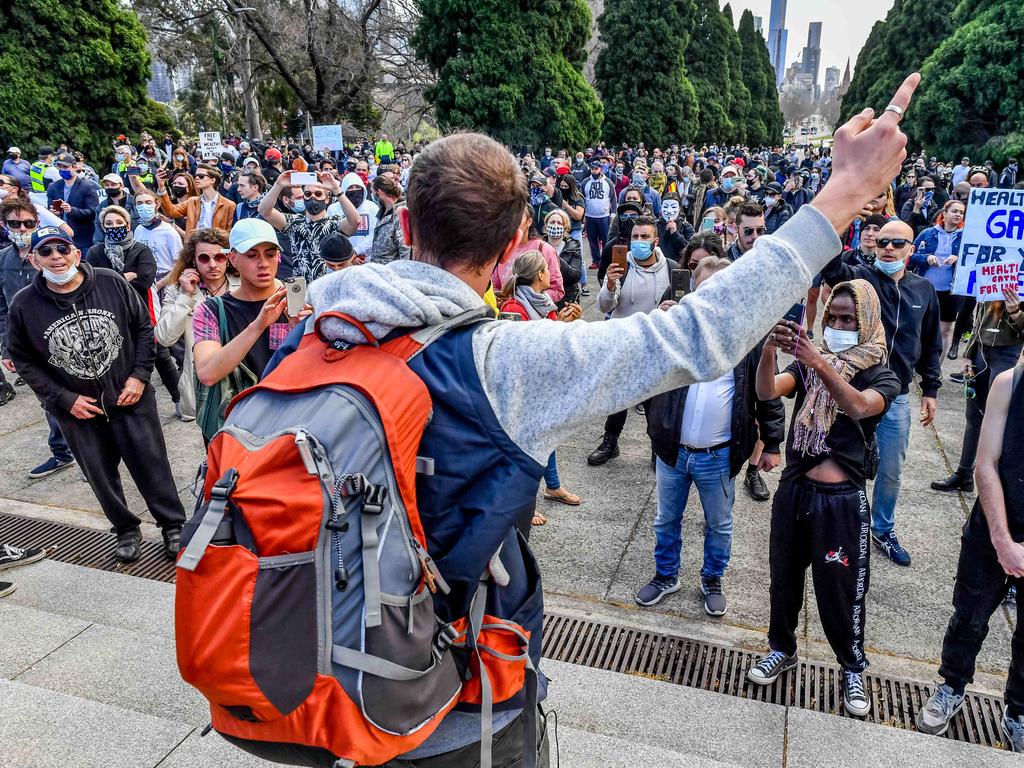 Anti-lockdown protesters rally at the Shrine of Remembrance. Picture: Jake Nowakowski