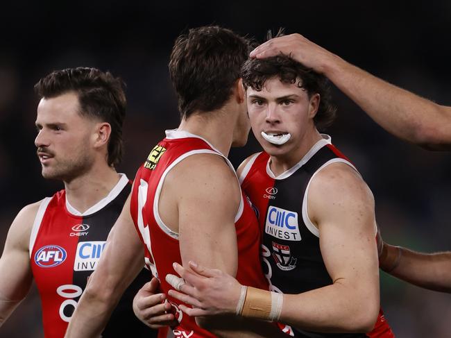 MELBOURNE, AUSTRALIA - AUGUST 17: Darcy Wilson of the Saints celebrates a goal during the round 23 AFL match between St Kilda Saints and Geelong Cats at Marvel Stadium, on August 17, 2024, in Melbourne, Australia. (Photo by Darrian Traynor/Getty Images)