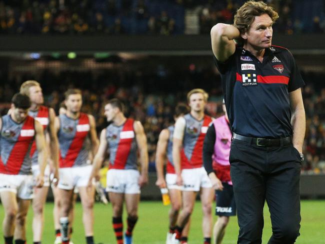 James Hird leaves the field after a loss in 2015. Picture: Colleen Petch