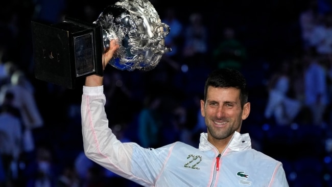 Novak Djokovic wears jacket promoting 22 Grand Slam wins during 10th ...