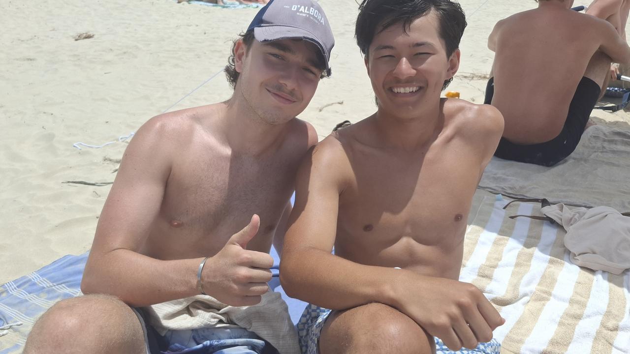 Ed Lewin, 18, and Jamie Carlisle, 18, at Byron Bay Schoolies celebrations on November 28, 2024. Picture: Sam Stolz.