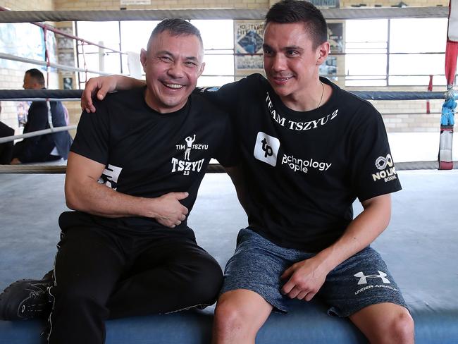 Australian Boxing star Kostya Tszyu pictured with his son Tim Tszyu ahead of Tim's fight with Jack Brubaker in 2019. Picture: David Swift