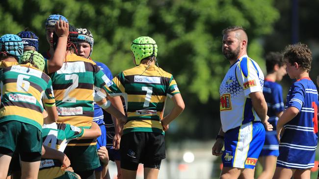 SURFERS PARADISE RUGBY, GOLD COAST , AUSTRALIA - April 10, 2021: Surfers Paradise Dolphins U14sv USQ Saints U14s - Day Two of King of the Country rugby tournament.Played at Surfers Paradise Eagles Rugby Ground at Southport. Picture: Scott Powick Newscorp