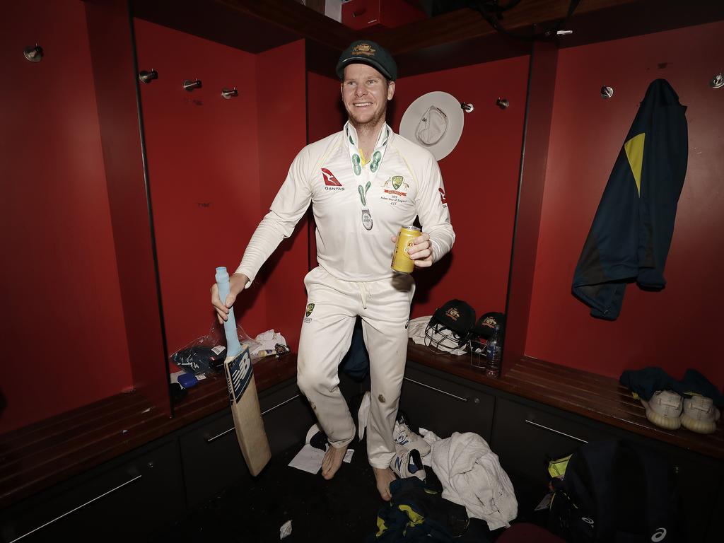 MANCHESTER, ENGLAND - SEPTEMBER 08: Steve Smith of Australia celebrate in the change rooms after Australia claimed victory to retain the Ashes during day five of the 4th Specsavers Test between England and Australia at Old Trafford on September 08, 2019 in Manchester, England. (Photo by Ryan Pierse/Getty Images)