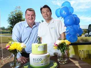 HAPPY DAY: Coles regional manager Wayne Dallinger (left) and Sekisui House Australia managing director Toru Abe celebrate Ecco Ripley’s first birthday. Picture: Rob Williams