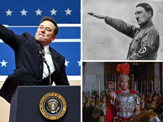 Elon Musk made a hand gesture during a speech at an event celebrating President Trump’s inauguration that drew comparisons online to the fascist salute. Musk pictured here with German dictator Adolf Hitler and a scene from Ben-Hur (1959).