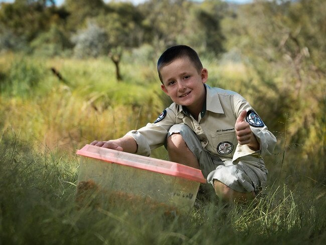 Make-A-Wish Australia granted Oliver Deighton, 8, his wish to travel to Namadgi National Park and help critically endangered northern corroboree frogs. Picture: Make-A-Wish-Australia