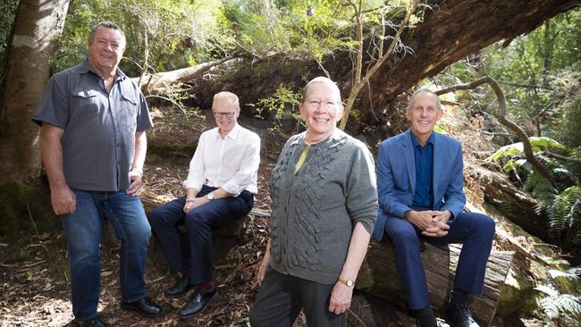 From left, Graeme Gardner, of the Aboriginal Land Council of Tasmania, former Tourism Australia chief Ken Boundy, Heather Sculthorpe, of the Tasmanian Aboriginal Centre, and Bob Brown. Picture: RICHARD JUPE