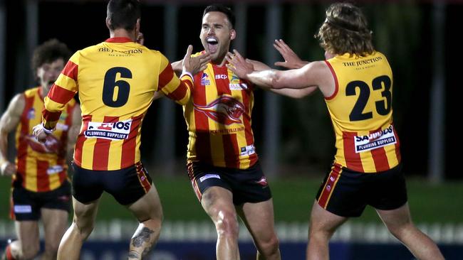 Morphettville Park’s Edward Doak was huge for the Roos, booting eight. Picture: Dean Martin