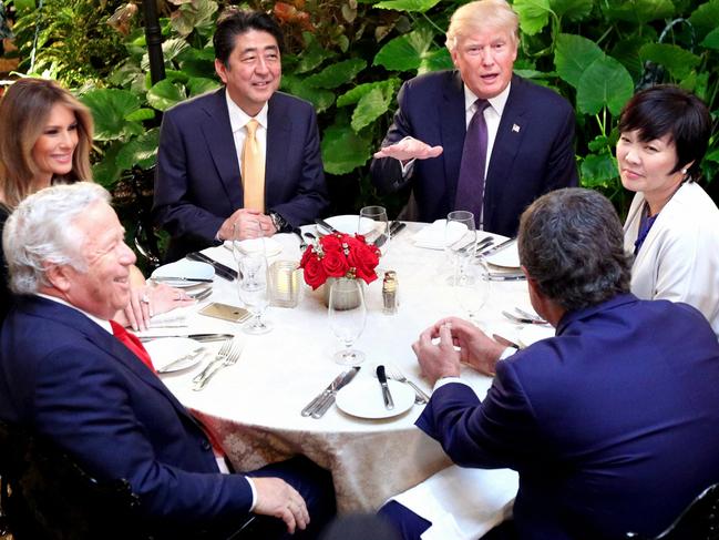 PALM BEACH, FL - FEBRUARY 10:  (CHINA OUT, SOUTH KOREA OUT) Japanese Prime Minister Shinzo Abe, his wife Akie, U.S. President Donald Trump and his wife Melania attend their dinner at Mar a Lago on February 10, 2017 in Palm Beach, Florida. Trump and Abe held bilateral meetings and discussed many issues, including trade and security ties.  (Photo by The Asahi Shimbun via Getty Images)