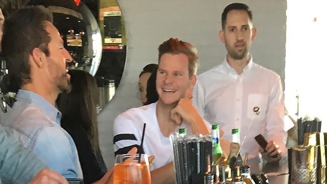 Disgraced Australian cricket captain Steve Smith is jovial and relaxed at a New York bar. Smith’s fiancee Dani Willis was not present. Picture: WP Media