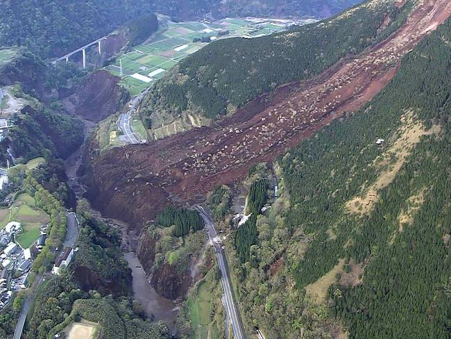 An aerial view of a landslide in Mimami-Aso, Kumamoto prefecture. Picture: AFP/Japan’s Defence Ministry.