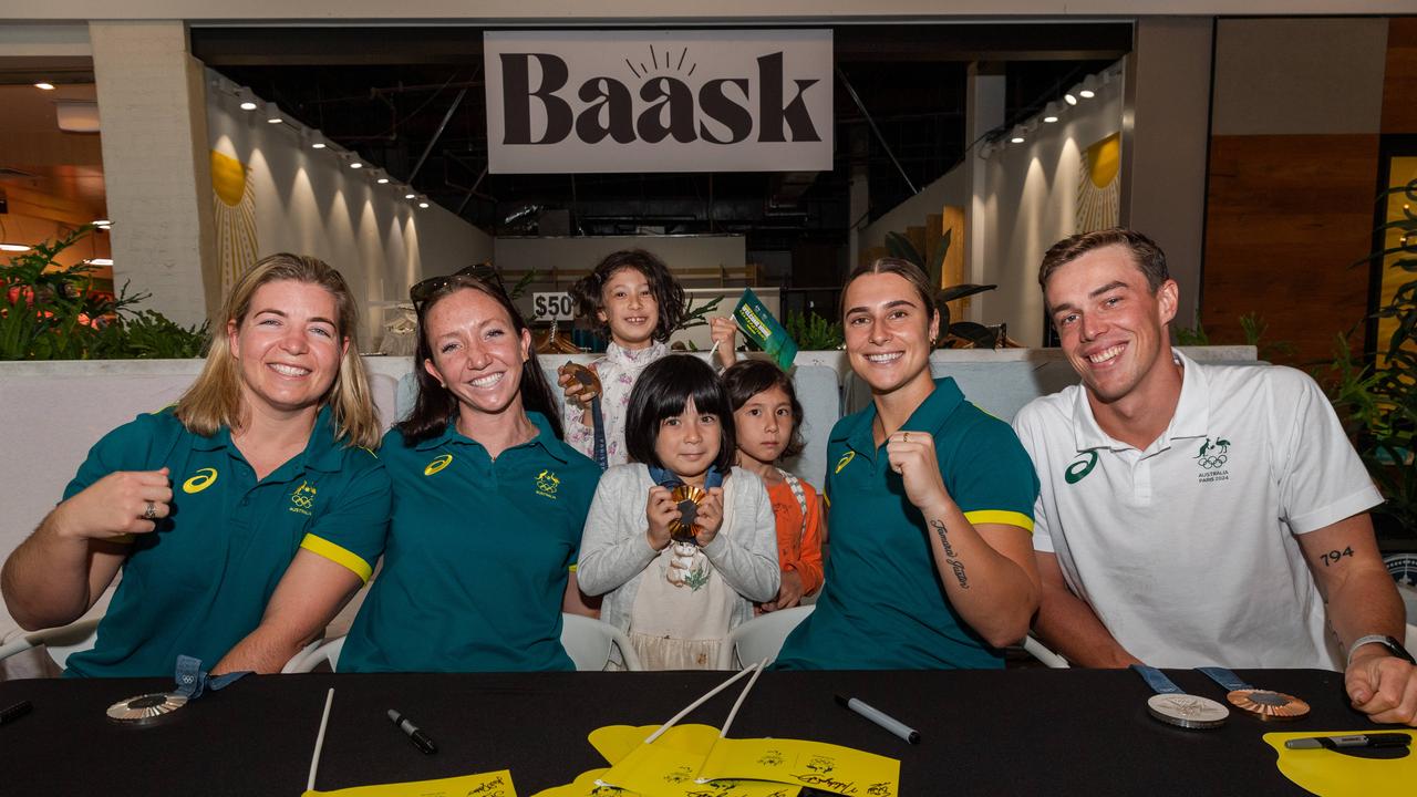 Zoe Arancini, Lani Pallister, Mitch Heffernan, Clodach Heffernan, Sara Heffernan, Natalya Diehm and Zac Stubblety-Cook at the Olympic and Paralympic teams Welcome Home Celebrations at Casuarina shopping centre, Darwin, Oct 2024. Picture: Pema Tamang Pakhri