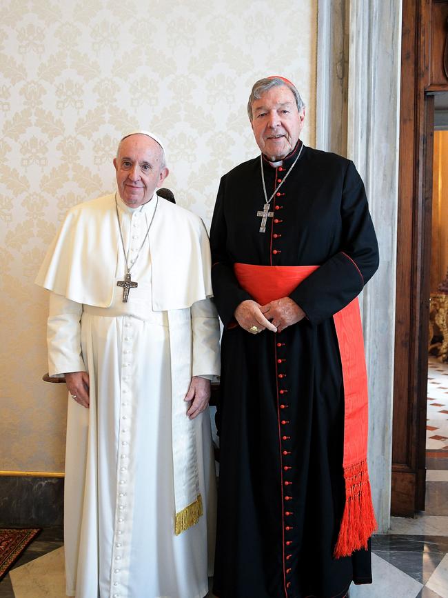 Pope Francis with the late Australian cardinal George Pell during a private audience at the Vatican. Picture: AFP