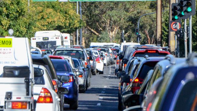 Peak hour traffic heading into the city on Port Rd, Hindmarsh. Picture: Brenton Edwards