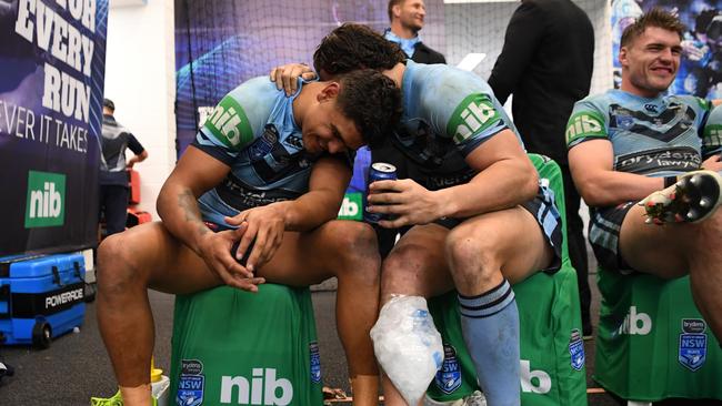 Latrell Mitchell in celebration mode after the win. Picture: Grant Trouville/NRL Photos.