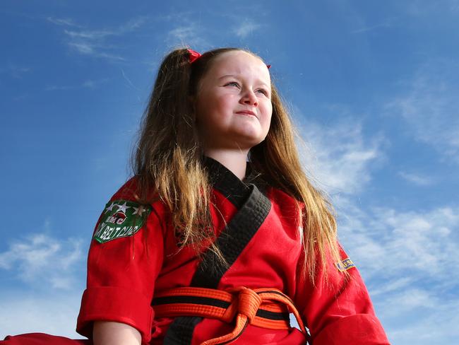 7 year old Karate champion Sienna Nuttall. West Hoxton, Thursday, August 10th 2017. Sienna Nuttall competes in karate. The 7-year-old has won more than a 100 trophies in her short career. She is our Local Sports Star nominee for this week. (AAP Image / Angelo Velardo)