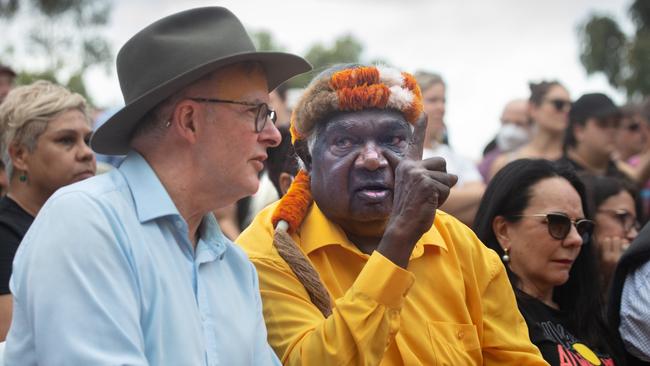 Yunupingu with Anthony Albanese at Garma in 2022. Picture: Melanie Faith Dove